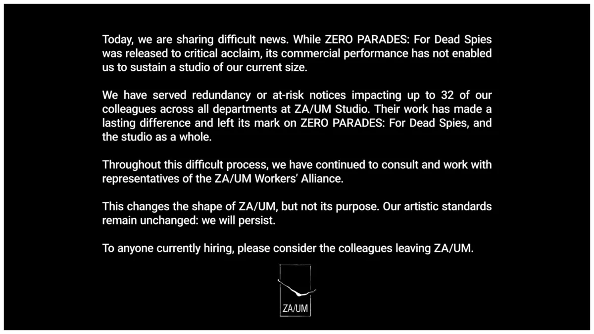 The Fall of a Studio: ZA/UM Announces Layoffs Following Underperformance of Zero Parades